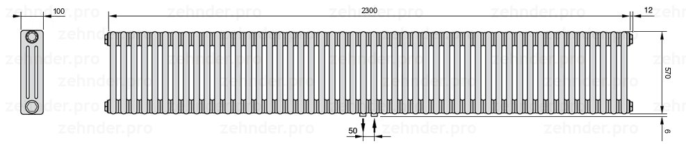 Схема (чертеж) Радиатор Zehnder Charleston 3057/50 №5410 Белый глянцевый RAL 9016